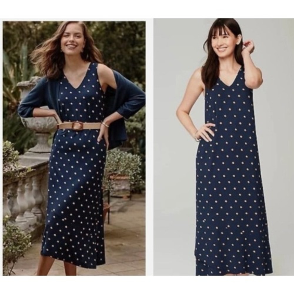 J. Jill Sleeveless Maxi Dress Women M Blue Polka Dot Asymmetrical Hem Knit Slub